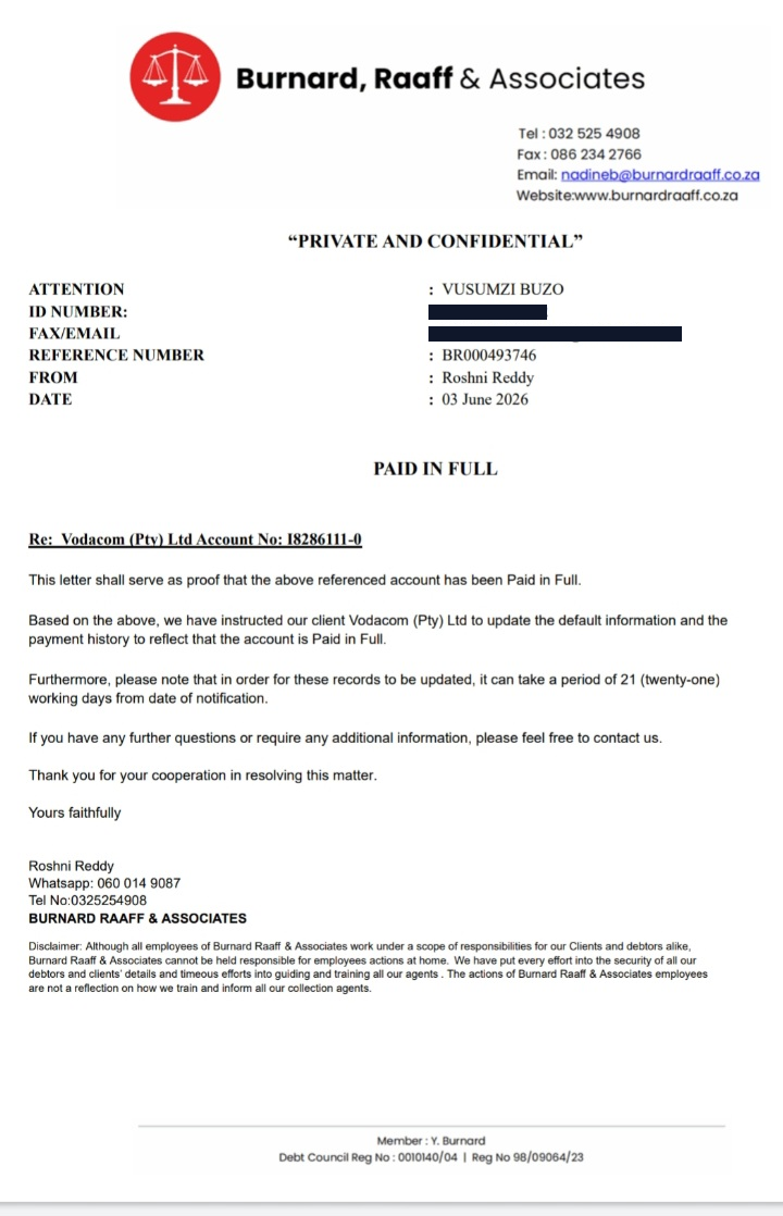 Official Burnard Raaff Confirmation of Settlement letter for Vusumzi Buzo