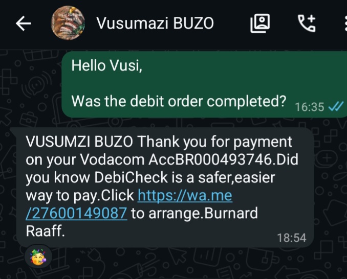 WhatsApp casework screenshot with Vusumazi BUZO confirming Burnard Raaff DebiCheck settlement