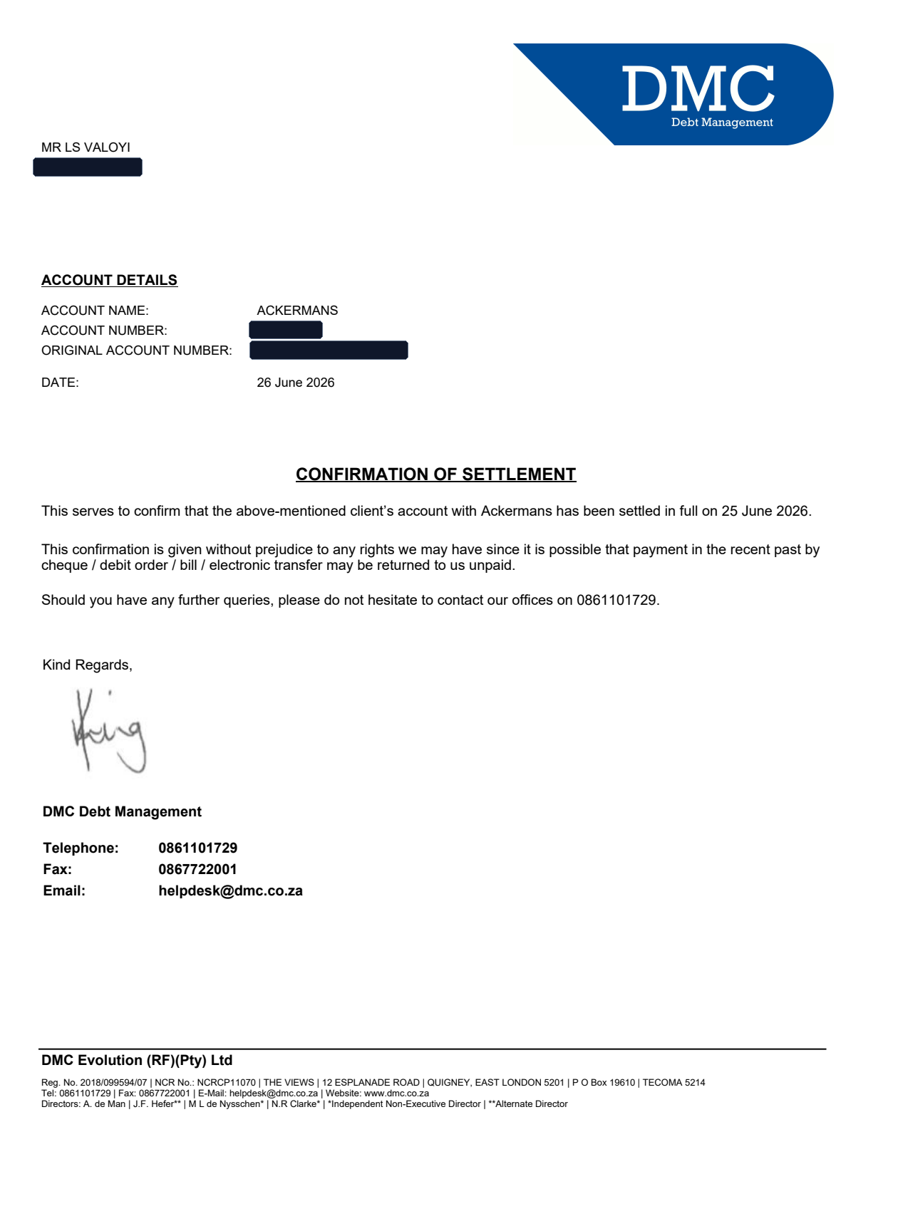 DMC Settlement Letter
